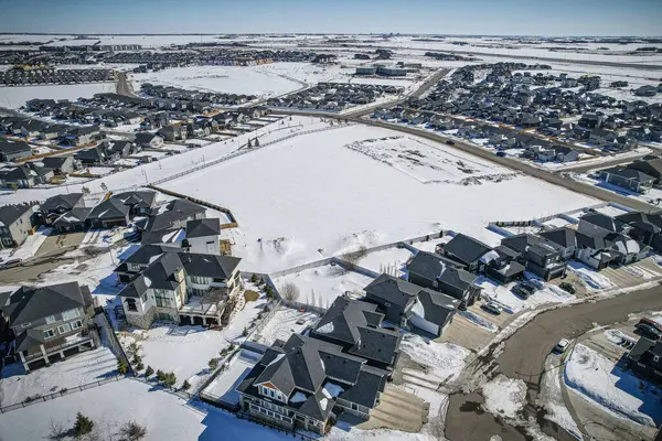 Elevated Drone View Rosewood Saskatoon Showcasing Its Residential Layout Green — Stock Photo, Image
