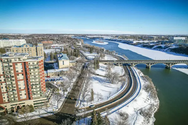 Drone Tourné Dessus Saskatoons Downtown Mettant Évidence Ses Rues Animées — Photo