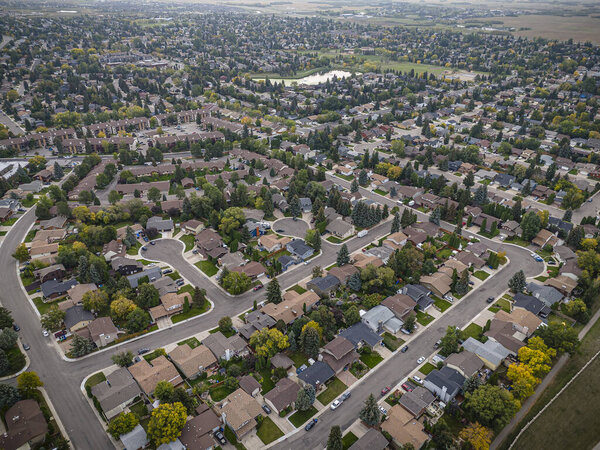 Drone image capturing the beauty of Lakeview, Saskatoon, with its residential charm and serene surroundings