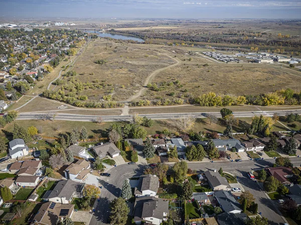 Aerial Ögonblicksbild Silverwood Heights Saskatoon Avslöjar Sina Bostäder Tjusning Och Stockbild