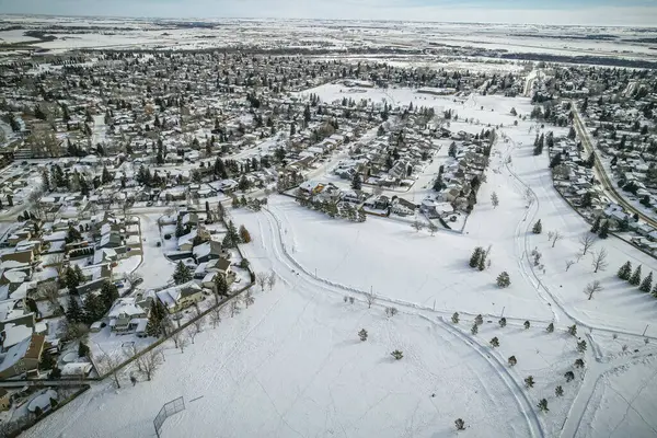 Aerial Ögonblicksbild Silverwood Heights Saskatoon Avslöjar Sina Bostäder Tjusning Och Stockfoto