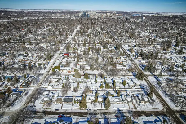 Drone Image Showcasing Charm Queen Elizabeth Saskatoon Its Residential Areas Stock Photo