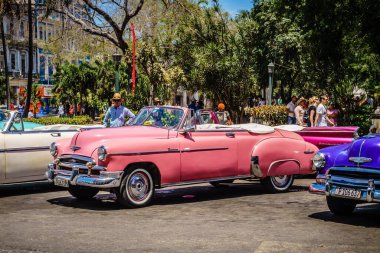Pembe bir araba bir grup insanın önünde park edilmiş. Araba bir klasiktir ve diğer klasik arabalarla çevrilidir. Sahne canlı ve enerji dolu.