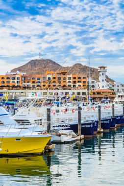 Bir grup tekne bir marinaya yanaşmış ve biri sarı renkte. Tekneler sıraya dizildi, bazıları daha küçük, bazıları daha büyük. Su sakin ve gökyüzü berrak.