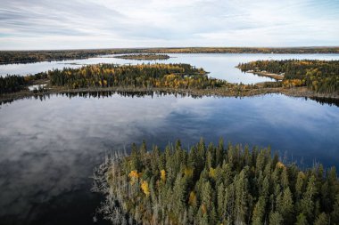 Etrafı ağaçlarla çevrili güzel bir göl manzarası. Gökyüzü bulutlu ve su sakin.