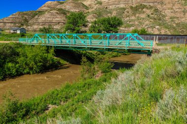 Yeşil bir köprü nehir boyunca uzanır, yanında yemyeşil çimenler vardır. Köprü, dağlarla ve ağaçlarla çevrili kırsal bir alanda yer almaktadır. Köprünün altındaki su kahverengi.