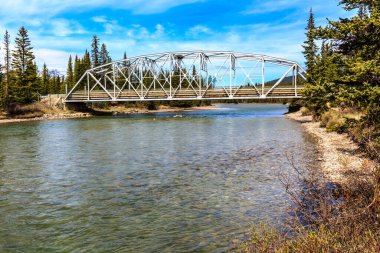 Bir köprü her iki tarafında ağaçlar olan bir nehri kapsar. Su sakin ve berrak. Köprü de beyaz metal bir yapı.