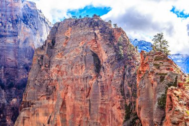 Tepesinde ağaç olan bir dağ. Dağ çok uzun ve kayalıktır. Gökyüzü mavi ve bulutlu