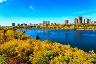 İçinden bir nehir akan ve büyük bir su kütlesi olan bir şehir. Su mavi ve ağaçlar sarı.