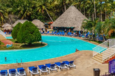 Plaj titreşimli ve şezlonglu bir havuz. Havuz palmiye ağaçları ve tiki kulübesi ile çevrili.