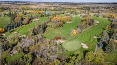 Yeşil çimenli bir tarlası ve arka planda ağaçları olan bir golf sahası. Golf sahası bir sürü ağaç ve otla dolu bir kırsal bölgede.