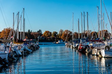 Yat limanına yanaşmış bir sürü teknesi olan büyük bir su kütlesi. Su sakin ve gökyüzü berrak.