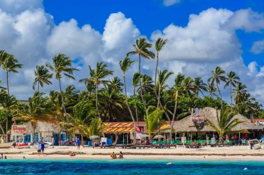 Palmiye ağaçları ve birkaç binası olan bir sahil. Sahil insanlarla dolu ve suda birkaç tekne var.