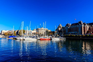 İskeleye yanaşmış bir sürü teknesi olan büyük bir su kütlesi. Su sakin ve gökyüzü berrak.
