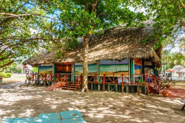 Duvarında renkli bir duvar resmi olan bir sahil kulübesi. Kulübe kumlu bir alanla çevrili ve içinde saksı bitkisi olan bir avlusu var.