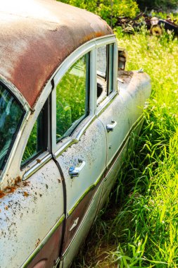 Paslı eski bir araba çimenli bir arazide duruyor. Araba paslanmış ve solgun, yıpranmış bir görüntüye sahip. Arabanın etrafındaki çimenler uzun ve yeşil, araba arasında bir kontrast oluşturuyor.