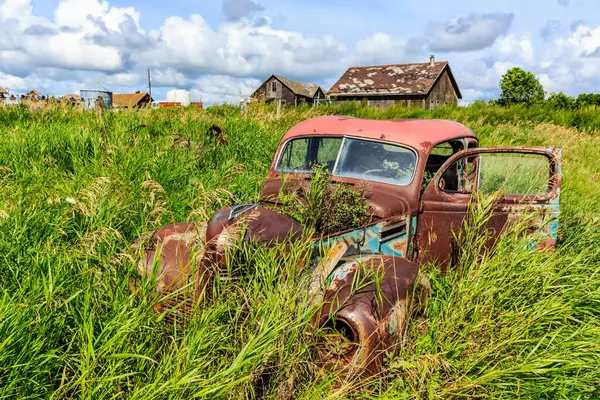Eski bir araba uzun çimlerin üzerinde duruyor. Araba paslanmış ve soluk kırmızı bir rengi var. Sahne huzurlu ve sessiz, resimdeki tek nesne araba.