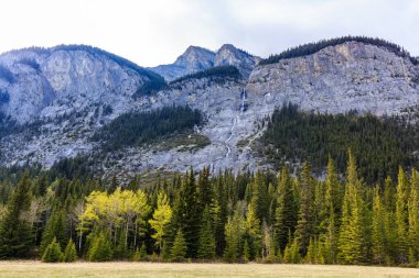 Ortasında büyük bir şelale olan bir dağ sırası. Dağlar ağaçlarla kaplı ve gökyüzü bulutlu.