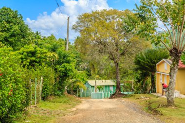 Toprak yolu olan küçük bir kasaba ve yeşil çatılı bir ev. Yol asfalt değil, evler de küçük.