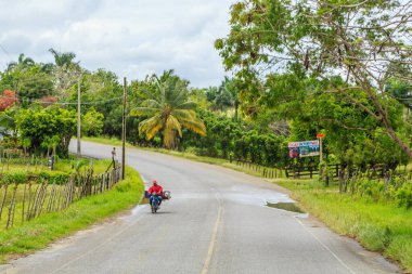 Adamın biri kır yolunda motosiklet sürüyor. Yol ıslak ve gökyüzü bulutlu.