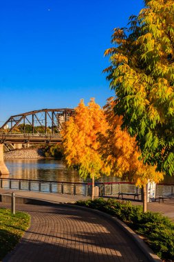 Bir köprü, yanında bir patika akan bir nehri kapsar. Ağaçlar ön planda ve arka planda, bazıları sonbaharda olmak üzere. Sahne huzurlu ve sakin, suyla birlikte.
