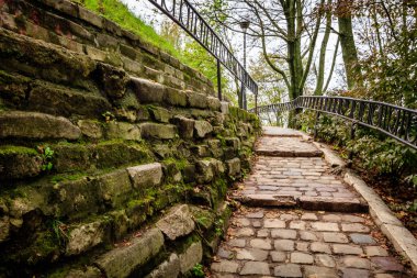 Taştan bir merdiveni olan taş bir duvar. Duvar yosunla kaplı ve merdivenler de kaldırım taşından.
