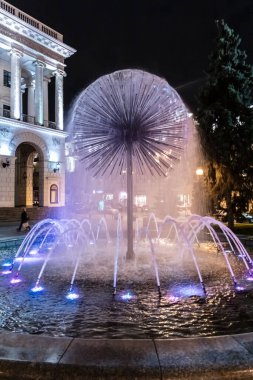Ortasında çiçek benzeri bir yapı olan bir çeşme. Çiçekten su fışkırıyor ve çeşme geceleri aydınlanıyor.