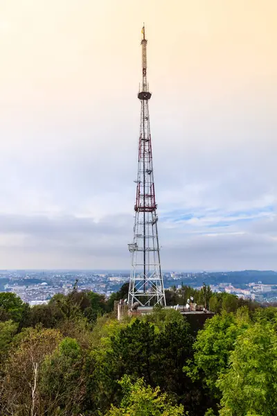 Ormanın ortasında kırmızı tepeli uzun bir kule duruyor. Kule ağaçlarla çevrili ve o bir radyo kulesi. Gökyüzü bulutlu ve ağaçlar yeşil