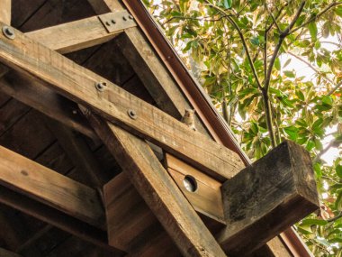 Üzerinde kuş olan ahşap bir kiriş. Kiriş çatının bir parçası. Kuş kirişe tünemiş, gökyüzüne bakıyor. Huzurlu ve huzurlu bir sahne.