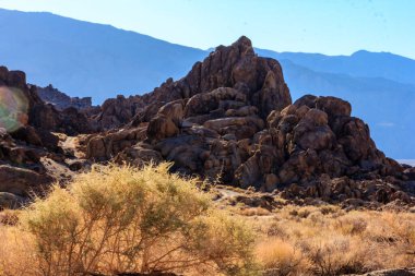Önünde bir ağaç olan kayalık bir dağ sırası. Ağaç çıplak ve gökyüzü mavi.