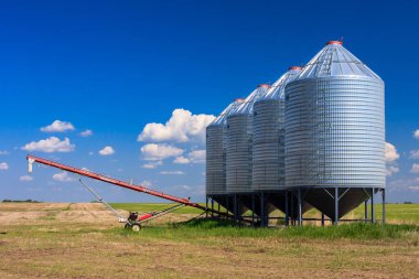 Önünde taşıyıcı bant olan büyük bir silo. Silo bir çimen tarlası ile çevrilidir.