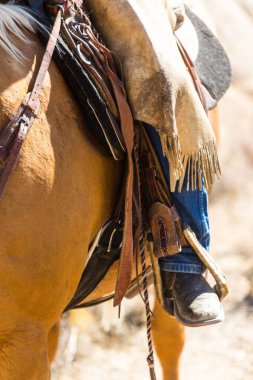 Bir adam kahverengi eyeri ve kahverengi atı olan bir ata biniyor. Eyer kayışlar ve tokalarla süslenmiş.
