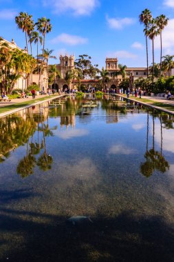 Arka planda palmiye ağaçları olan büyük bir su kütlesi. Su gökyüzünü ve arka plandaki binaları yansıtıyor.