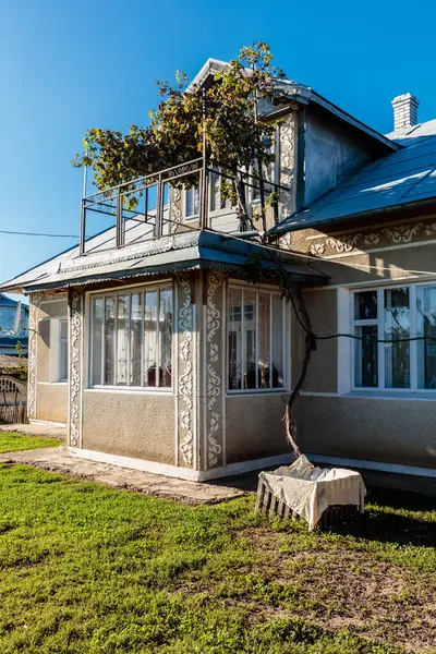 Önünde büyük bir ağaç olan bir ev. Evin bir sürü penceresi ve balkonu var.