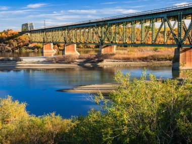 Arka planda yeşil bir köprü olan bir nehir boyunca uzanır. Köprü ağaçlarla çevrili ve su sakin.