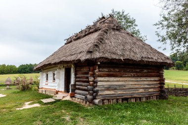 Çimenli bir arazide sazdan çatısı olan küçük, eski bir ahşap kulübe. Kulübe ağaçlarla çevrili ve o kırsal bir yerde.
