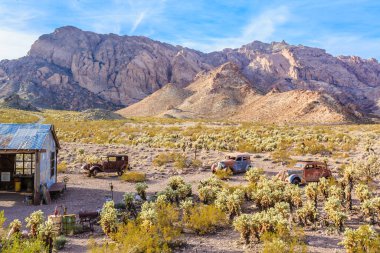 Küçük bir kulübesi ve birkaç eski arabası olan bir çöl manzarası. Sahne huzurlu ve sakin. Arka planda dağlar yalnızlık ve sükunet hissini arttırıyor.