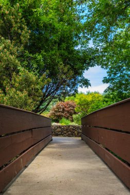 Arka planda ağaçlar olan bir yol üzerinde bir köprü. Köprü ahşap ve yan tarafında taş bir duvar var. Ağaçlar yeşil ve gökyüzü mavi.