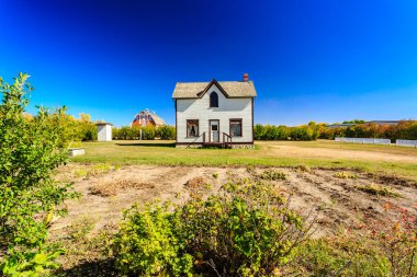 Verandalı küçük bir ev bir tarlada oturur. Ev beyaz ve tarla yeşil.