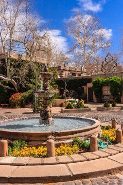 Etrafında taş bir leğen ve taş bir duvar olan bir çeşme. Çeşme çiçekler ve çalılarla çevrili.