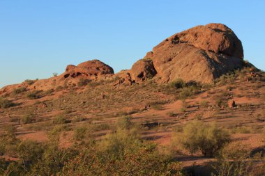 Birkaç ağaç ve çalısı olan kayalık bir yamaç. Gökyüzü mavi ve güneş batıyor.