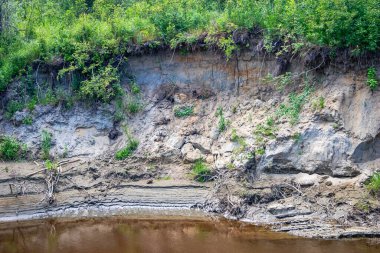 Önünde küçük bir su kütlesi olan kayalık bir kıyı şeridi. Su kahverengi ve bulanık ve kıyı şeridi çimen ve bitkilerle kaplı. Sahnenin ıssız ve ıssız bir havası var.