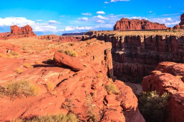 Arkasında kanyon olan bir çöl manzarası. Kanyon kayalık ve gökyüzü mavi.