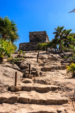 Taş bir merdiven bir binaya çıkıyor. Basamaklar taştan yapılmış ve toprakla kaplanmış. Gökyüzü mavi ve arka planda palmiye ağaçları var