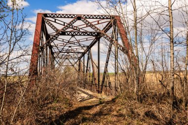 Arka planda bir sürü ot ve ağaç olan paslı eski bir köprü. Köprü eski ve üzerinde çok pas var.