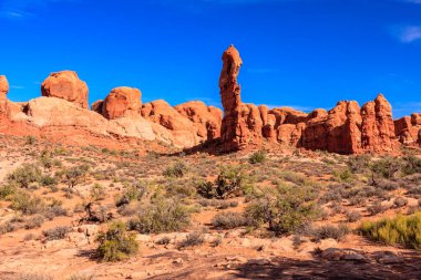 Ortasında büyük bir kaya oluşumu olan bir çöl manzarası. Gökyüzü açık ve mavidir, ve güneş parlıyor. Huzurlu ve huzurlu bir sahne.