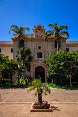 Önünde palmiye ağacı olan büyük bir bina. Bina beyaz ve bir sürü penceresi var.