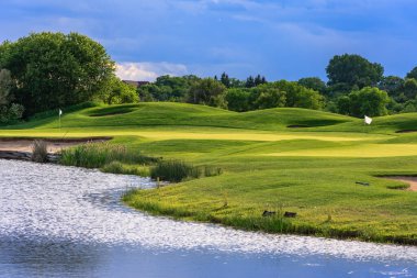 Arka planda göl olan bir golf sahası. Su sakin, çimenler yeşil.