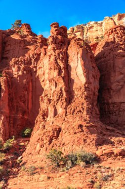 Üzerinde küçük bir ağaç büyüyen kayalık bir dağ. Dağ kırmızı kayalarla kaplı ve gökyüzü mavi.