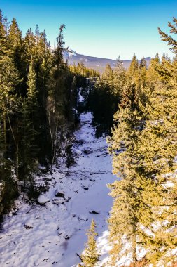 İçinden bir nehir akan karlı bir dağ sırası. Ağaçlar çıplak ve gökyüzü açık.